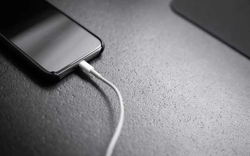 A smartphone connected to its charging cable